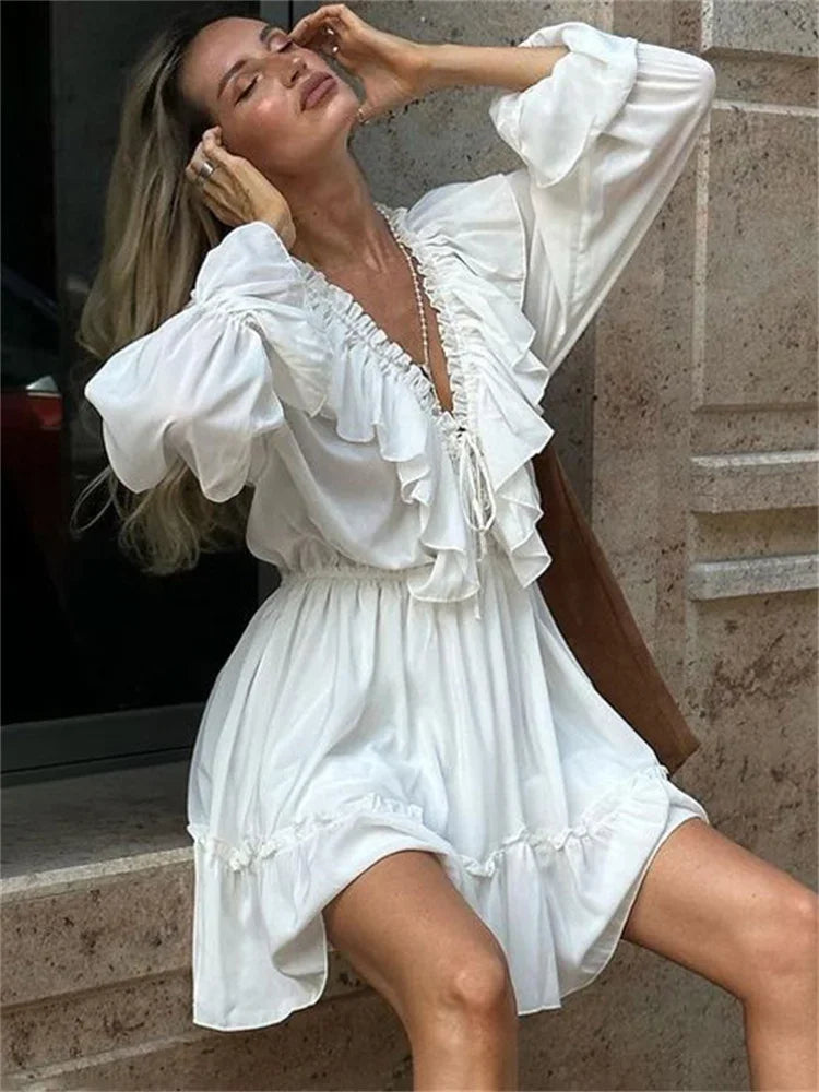 White Ruffle Bandage Mini Dress Women's Elegant Patchwork Long Sleeve Dress New Slim V Neck Lace Up Summer Mini Dress