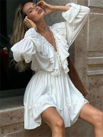 White Ruffle Bandage Mini Dress Women's Elegant Patchwork Long Sleeve Dress New Slim V Neck Lace Up Summer Mini Dress
