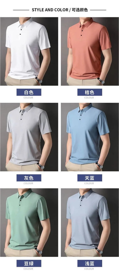 High quality wrinkle resistant ice silk short sleeve t-shirt men's summer Lapel loose casual solid color top high-end polo men