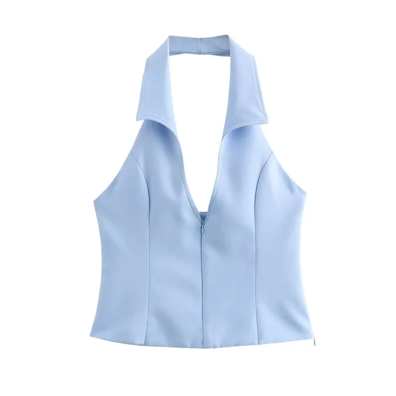 MUJER 2025 Blue Pink Halter Top Woman Off Shoulder Backless Crop Top Women Sleeveless Short Tops Woman Fashion Summer Sexy Tops