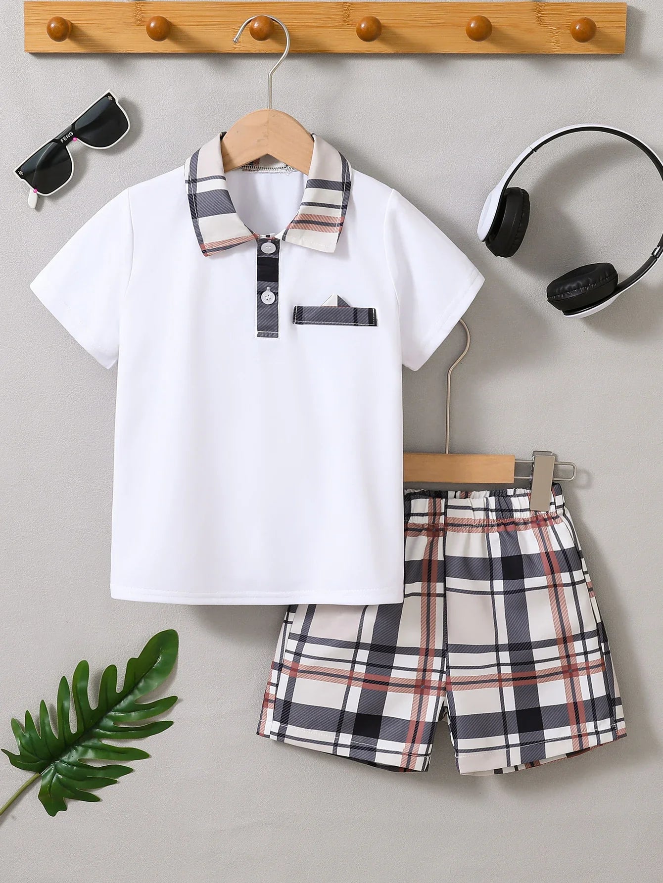 Summer Boys' Fashionable Plaid Printed T-Shirt Shorts Two-Piece Suit Simple Fashion Casual Style