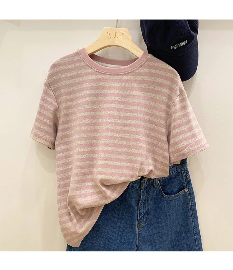 Summer Short Sleeve Striped T-Shirts Versatile Women Knitted Basic Casual Tops Female Cozy Loose Cotton Tees 2023 Harajuku Shirt