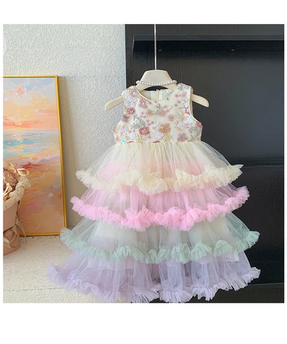 Vestido Regata para Meninas Verão 2025 Novo Vestido Elegante de Malha com Babados para Meninas Vestido Princesa Roupa Infantil de Fada