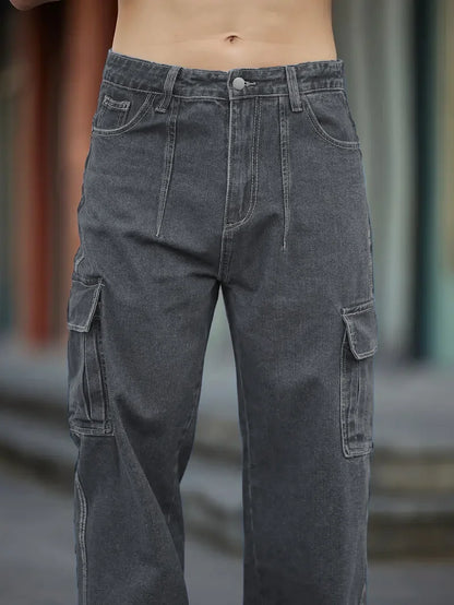 Men's Deep Blue Washed Denim Workwear Jeans Casual Multiple Pockets Design Loose Wide Leg Trousers Y2K Style Cargo Pants