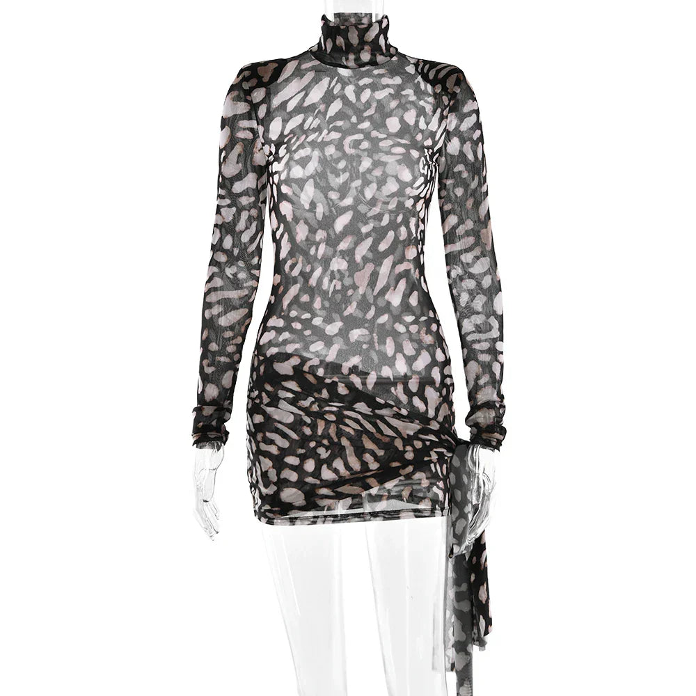 Sexy Sheer Print Leopard Bandage Women Dress Long Sleeve Mini Dress Lady Spring Slim Elegant Party Club Dress