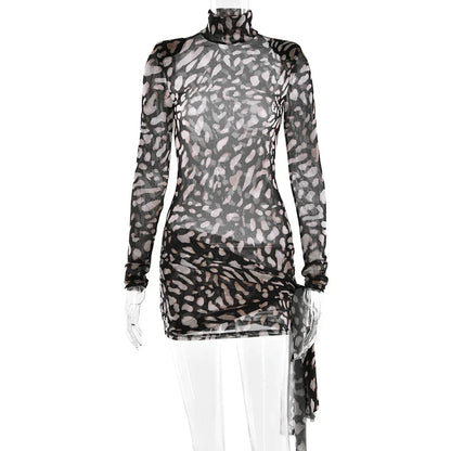Sexy Sheer Print Leopard Bandage Women Dress Long Sleeve Mini Dress Lady Spring Slim Elegant Party Club Dress