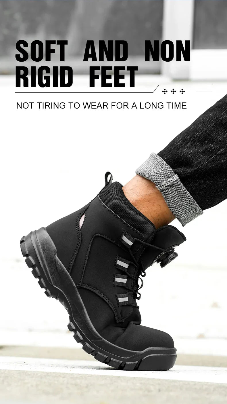Leather Non Slip Work Boots for Men Rotating Button Safety Shoes Steel Toe Sneaker Male Puncture Proof Protective Boots