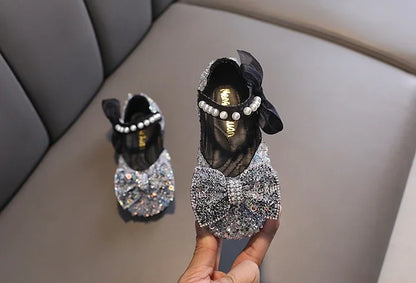 Toddler Girl's Princess Shoes Sequins Lace Bowknot 21-36 Children Mary Janes Three Colors Luxury Trendy Party Kids Shoes Flats