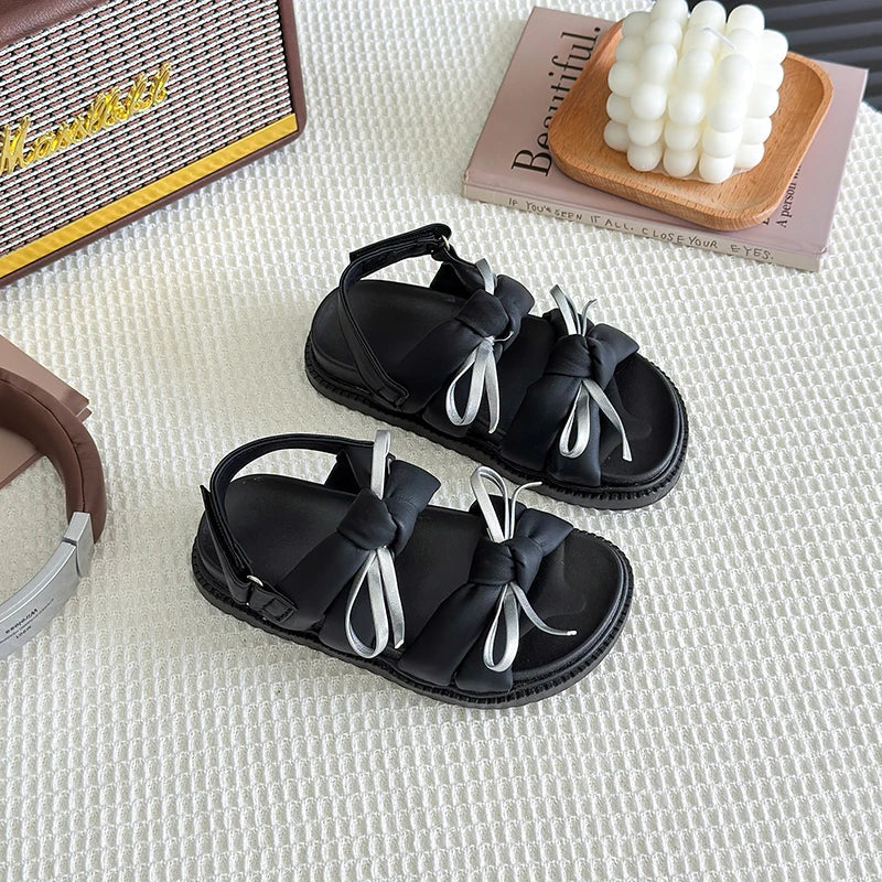 2026 Summer Girls Princess Sandals with Double Bow-knots Soft Fashion Classic Kids Summer Beach Shoes Open Toes Sweet Anti-skid