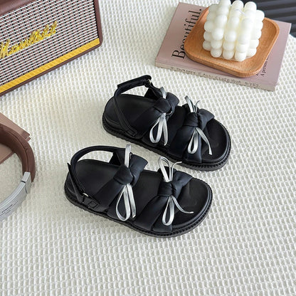 2026 Summer Girls Princess Sandals with Double Bow-knots Soft Fashion Classic Kids Summer Beach Shoes Open Toes Sweet Anti-skid