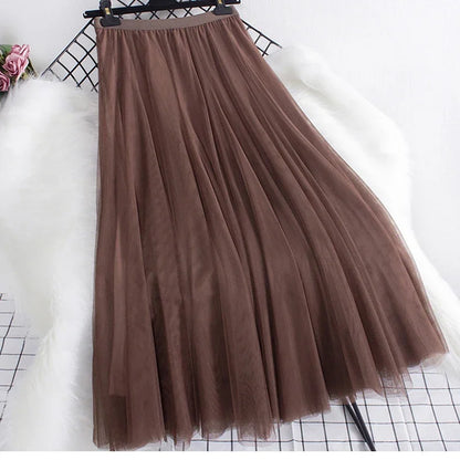 New large hem chiffon long skirt for women's Korean casual simple solid color three-layer A-line high waisted long skirt