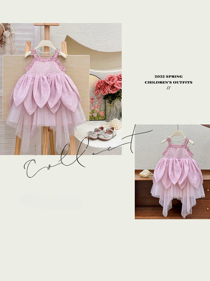 Girls Dress 2025 Summer New Flower Fairy Princess Strap Dress Super Fairy Children Birthday Princess Dress
