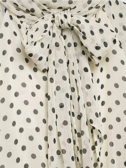 New Women Bow Collar Blouse Vintage Polka Dot Printed Loose Tops Fashion Elegant Spring Long Sleeve Commuting Shirts