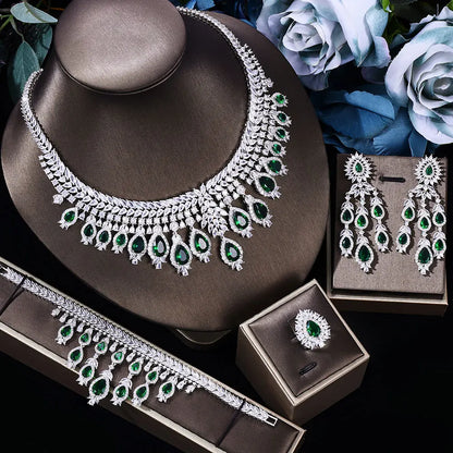Luxury Elegant 4 PCS Necklace Earrings Bracelet Ring for Noble Luxury Women Bridal Wedding Party Show Jewelry Sets