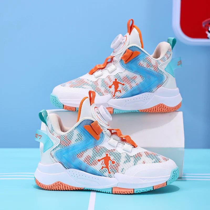Rotary Buckle Kids Basketball Sneakers Boys Brand Sneakers Mesh Breathable Children's Basketball Shoes Outdoor Sports Shoes Girl
