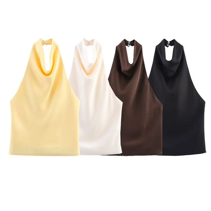 Elegant Women's Satin Backless Halter Vest Summer Solid Sleeveless Sexy High Street Waistcoat Female Slim Camisole Tops