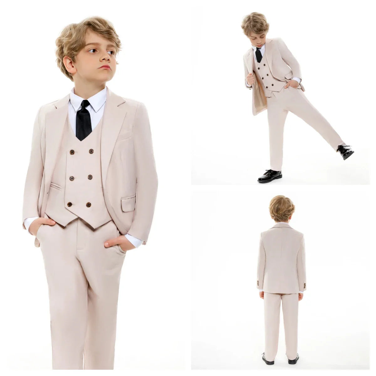 Champagne Solid Suit Set for Kids for Wedding Party, Graduation, Communion, Back-to-School  Chidren Tuxedo Set 4 Pcs Suits