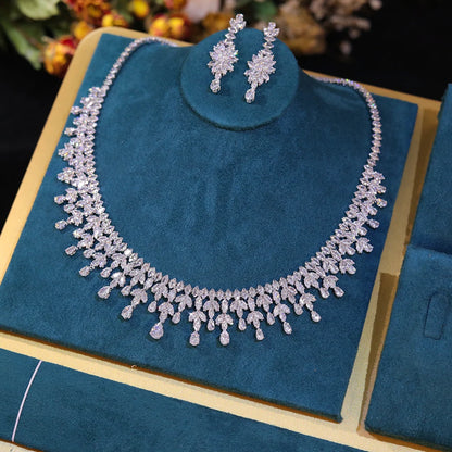 Dubai Jewelry Sets Leaf Design Bridal Necklace Earring Set 5A Cubic Zirconia Femme Ladies Wedding Accessories
