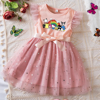 Girls Sequin Tutu Dress with Bow Flutter Sleeves Summer Princess Party Outfit for Toddler Kids 2-6 Years