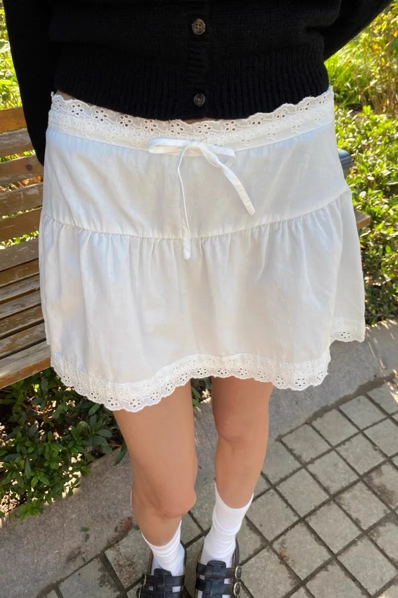 Lace Trim A-line Shirks Women New Cotton High Waist Elastic Ruffles Hem Sweet Mini Skirts Vintage Cute Streetwear Chic Falda