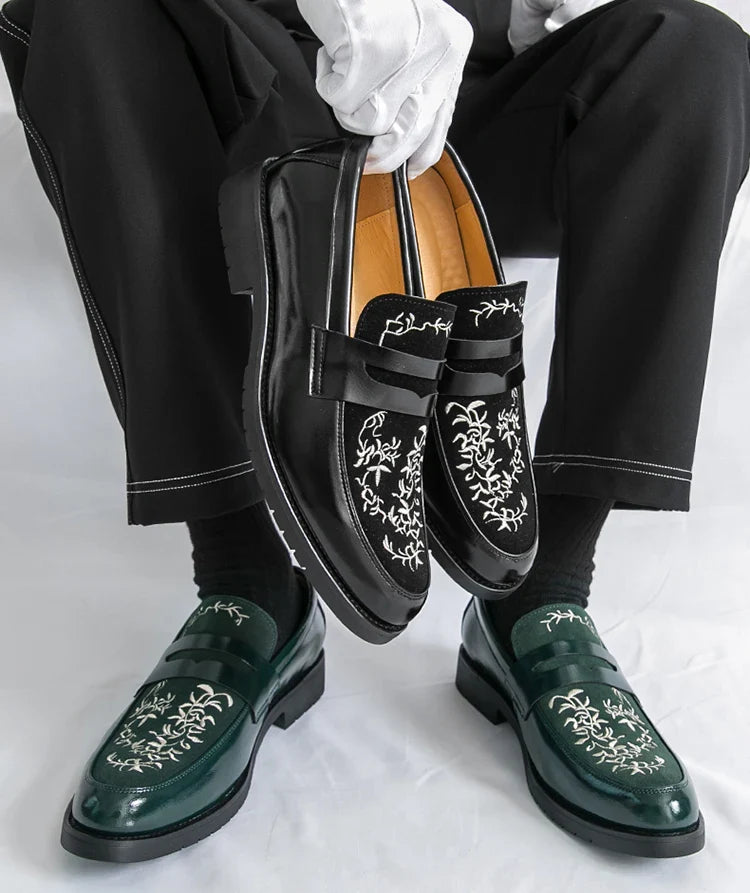 Green Embroidered Man Formal Shoes Autumn Men's Loafers Shoes High Quality Casual Leather Shoes for Men chaussure hommes cuir