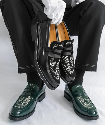 Green Embroidered Man Formal Shoes Autumn Men's Loafers Shoes High Quality Casual Leather Shoes for Men chaussure hommes cuir