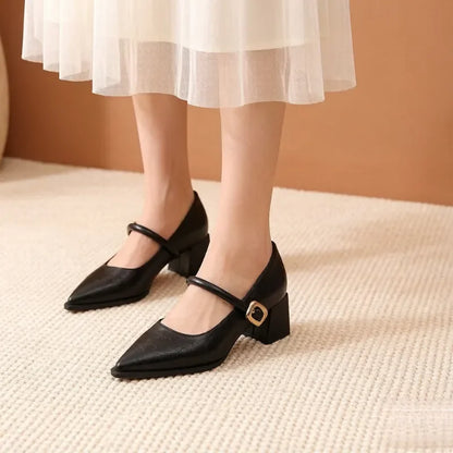 All-Season Women's Chunky Heel Mary Jane Flats - Patent Leather Shallow Cut High Heels,  Metal Buckle Decor Commuter Shoes
