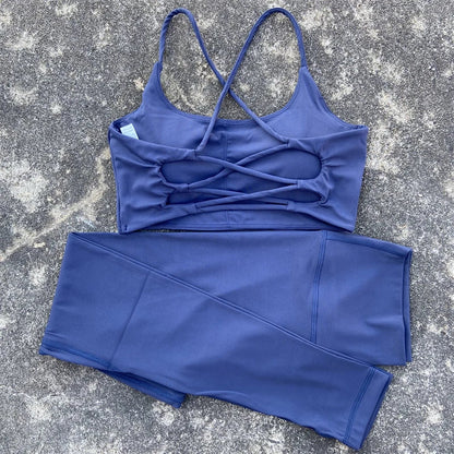 2pcs Gym Leggings Set Yoga Sports Set Women Workout Outfit Fitness Suit Cross Straps Bra High Waist Leggings Running Tracksuit