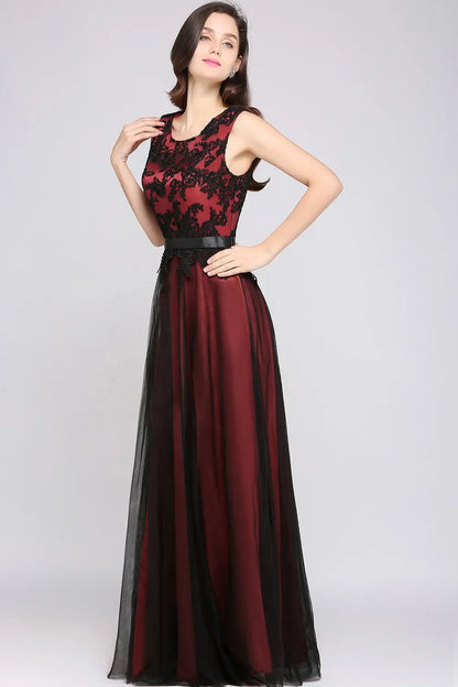 Elegant Black Lace Red Evening Dresses Long Appliques Chiffon With Sashes Pink Green Burgundy Formal Prom Gown Vestido de Fiesta