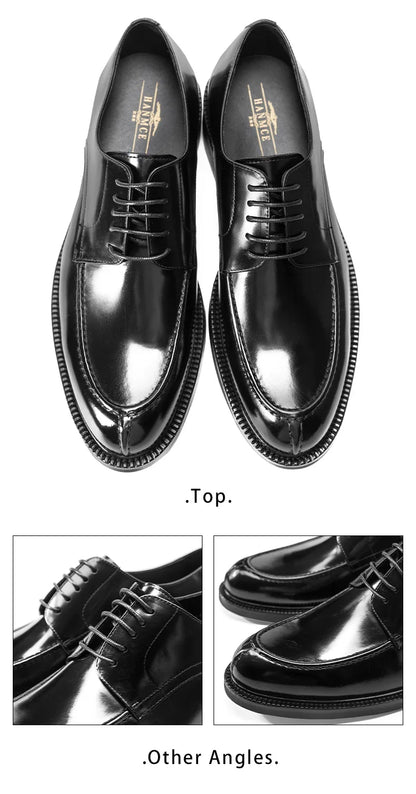 Genuine Leather Classic Black Lace Up Pointed Toe Wedding Formal Elegant Derby Shoes For Men With Free Shipping