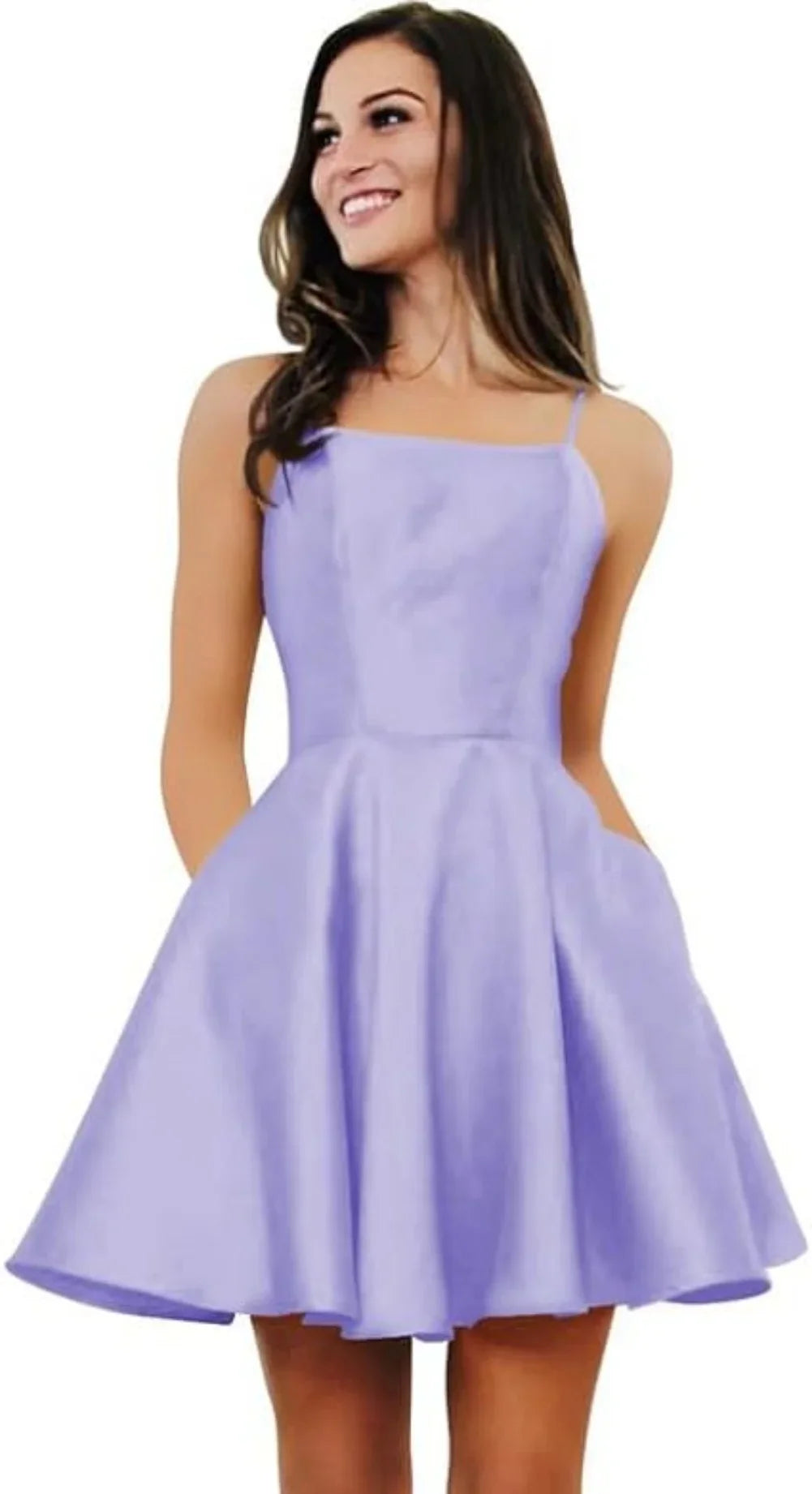 Short Homecoming Dresses for Teens With Pockets Spaghetti Straps Satin Prom Dress for Women A-line Knee Length Party Dress