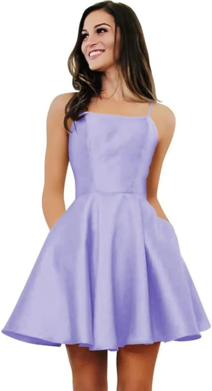 Short Homecoming Dresses for Teens With Pockets Spaghetti Straps Satin Prom Dress for Women A-line Knee Length Party Dress