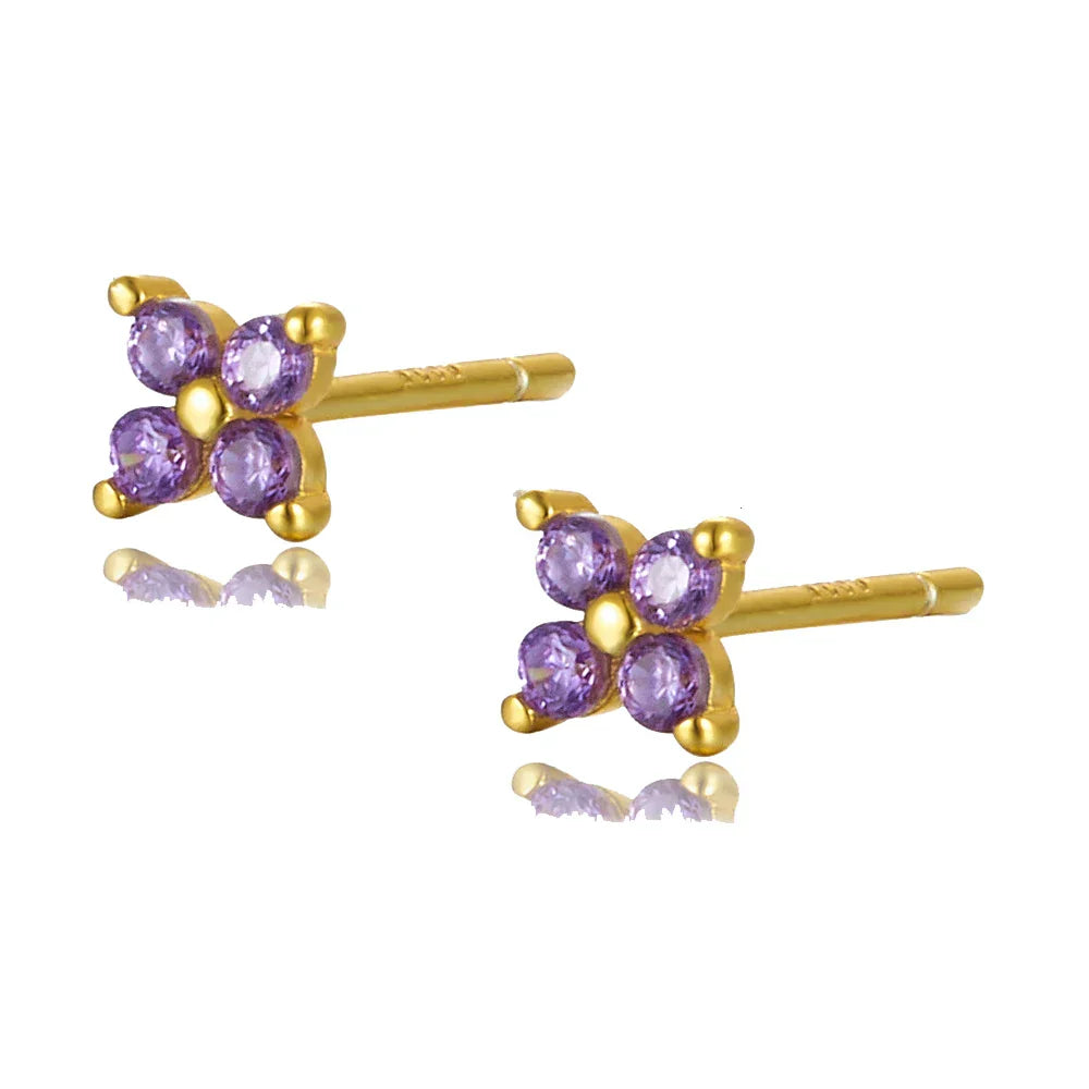 925 Sterling Silver Romantic Color Zircon Three-petal Flower Stud Earrings for Women Fashion Huggies Piercing Jewelry