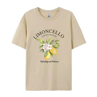Graphic Print T-Shirt Lemon & Floral Pattern Short Sleeve Round Neck Casual Women's Top Perfect for Spring & Summer