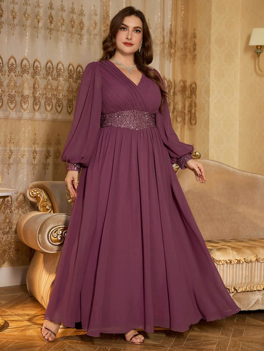 Plus Size V-Neck Sequin Panel Splice Chiffon Evening Dress Women's Elegant Glitter Gown for Formal Occasions