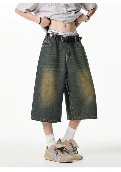 2025 Summer Men's Wide Leg Jeans Shorts Vintage Distressed Wash Y2K Straight Elastic Waist Loose Casual Relaxed Fit