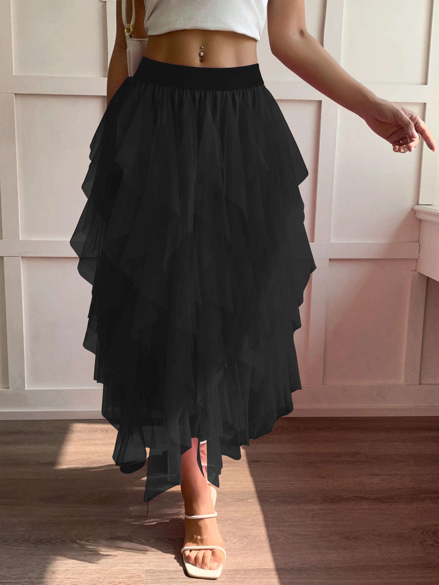 Medium waist chiffon long skirt for women, irregular layered pleated edge layered cake skirt, elegant fairy A-line skirt