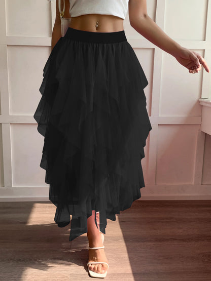 Medium waist chiffon long skirt for women, irregular layered pleated edge layered cake skirt, elegant fairy A-line skirt