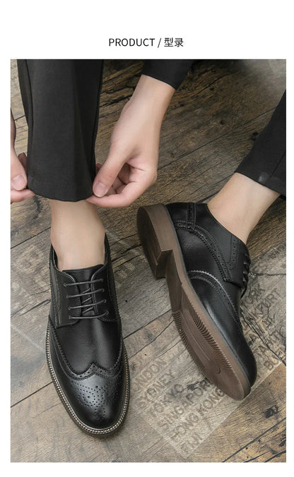 Retro leather shoes - men's brook engraved lace-up British business formal soft-soled fashionable casual trendy shoes