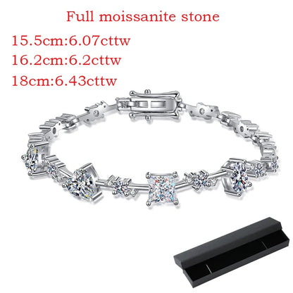 6.07-6.43CTTW Princess Cut Moissanite Tennis Bracelet for Women Full Diamond S925 Sterling Silver Plated Platinum Bangle