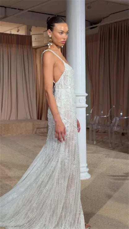 Customized White Spaghetti Strap Wedding Dresses Sleeveless Backless Side High Split Bridal Gown 2025 Mermaid Wedding Gown