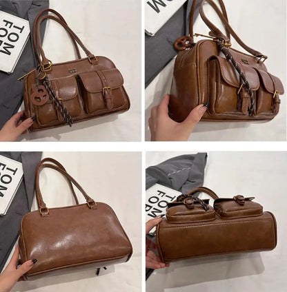 Women's Coffee Brown Multi-Pocket Handbag Shoulder Bag, Stylish Versatile Letter Crossbody Purse for Travel Work Shopping Dates