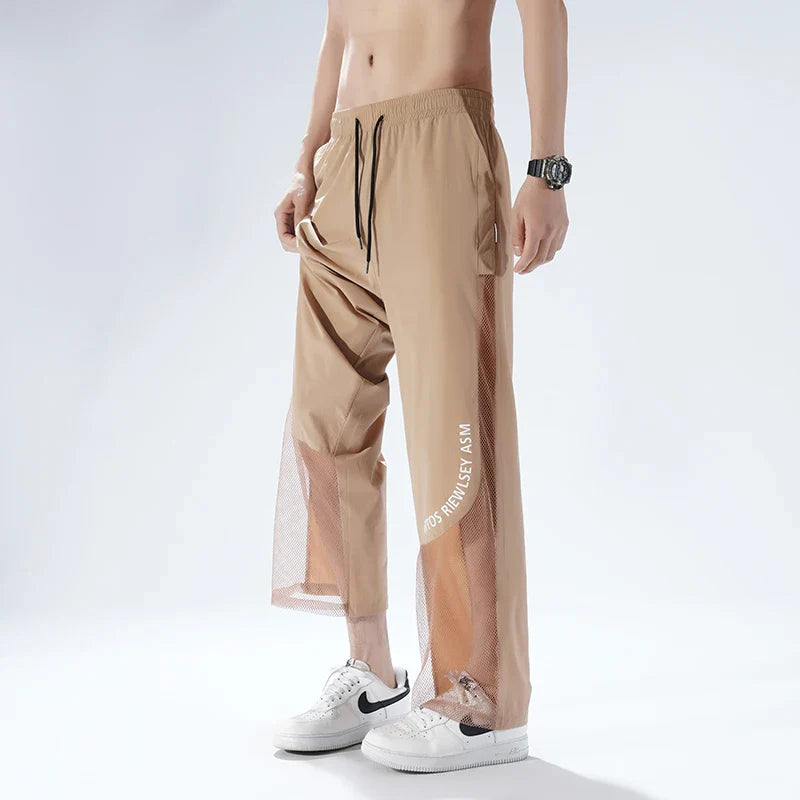 Men's Ice Silk Pants, Summer Thin Mesh Breathable Sports Loose Casual Long Pants, Cool Touch, Mosquito Proof Pants