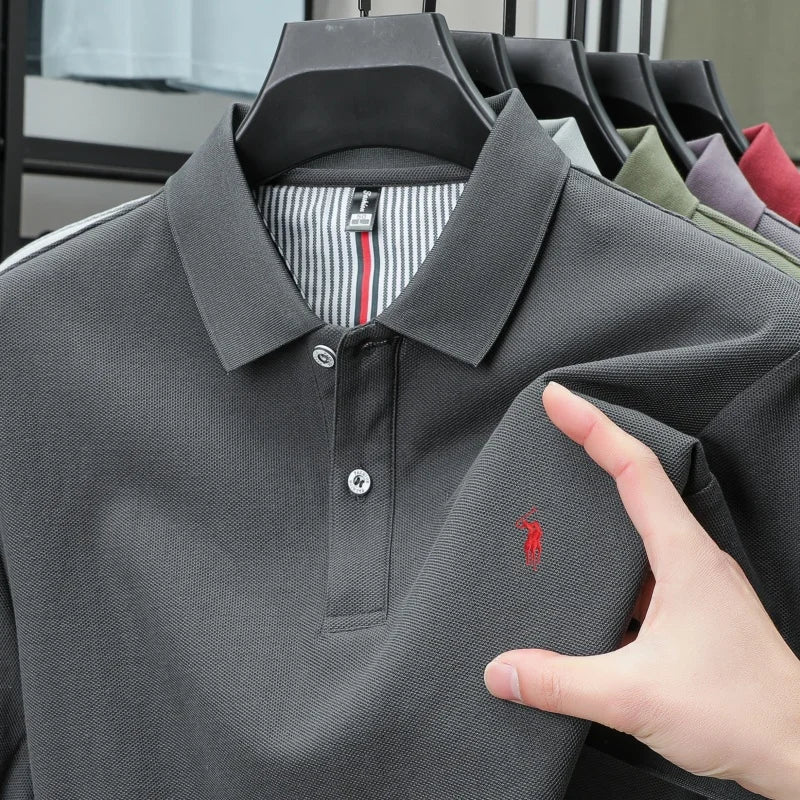 Camiseta polo masculina de algodão 100% puro, respirável, manga curta, marca de luxo, bordada, solta, casual de verão, para negócios