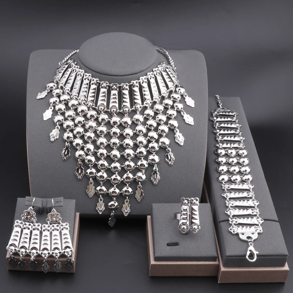 Novo Conjunto de Joias Banhado a Prata com Franjas, Colar, Brincos, Pulseira e Anel para Mulheres, Correntes de Noiva, Joias de Casamento Étnicas, Presentes para Noivas