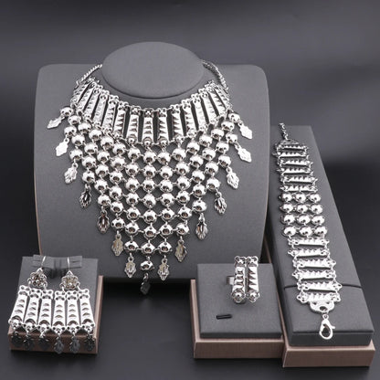 Novo Conjunto de Joias Banhado a Prata com Franjas, Colar, Brincos, Pulseira e Anel para Mulheres, Correntes de Noiva, Joias de Casamento Étnicas, Presentes para Noivas