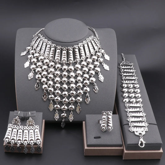 New Tassels Silver Plated Necklace Earrings Bracelet Ring Set for Women Bridal Chains Ethinc Wedding Jewelry Bride Gifts