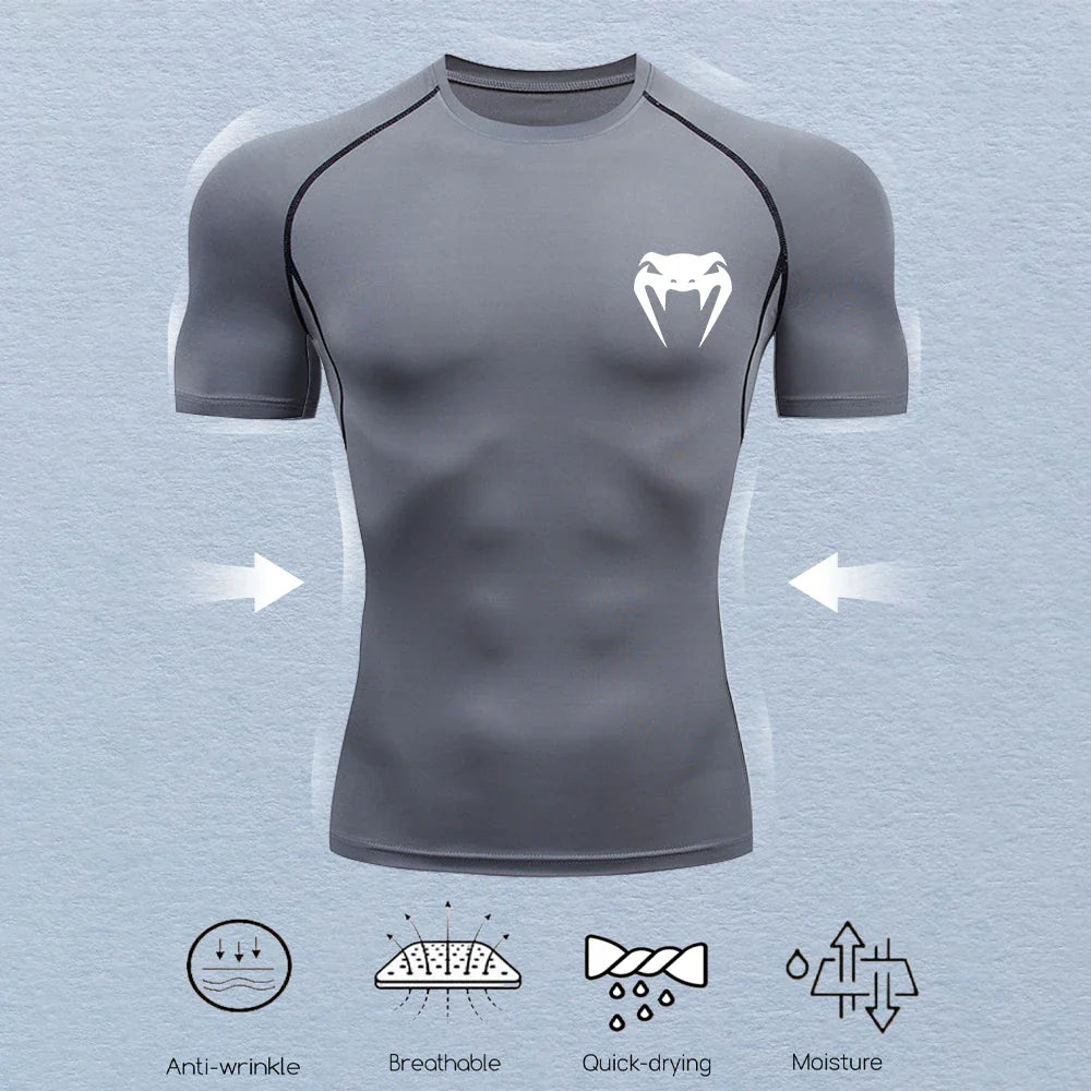 Men's Compression Shirts Fitness Snake Print Gym Shirts Quick Dry Rashguard Short Sleeve Sportswear Jogging Tops Tees Summer