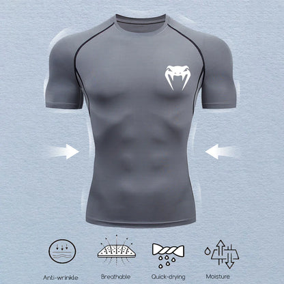 Men's Compression Shirts Fitness Snake Print Gym Shirts Quick Dry Rashguard Short Sleeve Sportswear Jogging Tops Tees Summer