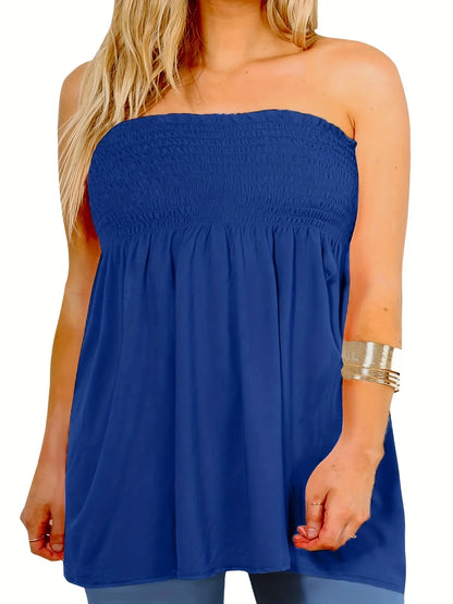 Plus Size Women's Sexy High Waist Pleated Tube Top,Summer Casual Solid Color Clothes